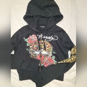 Ed Hardy Tiger Rose Cropped Zip Hoodie Medium